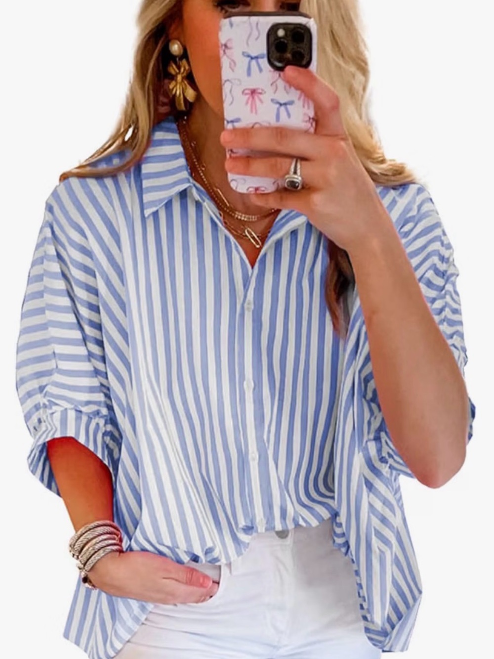 Relaxed Light Blue Striped Button-Down Shirt - Women
